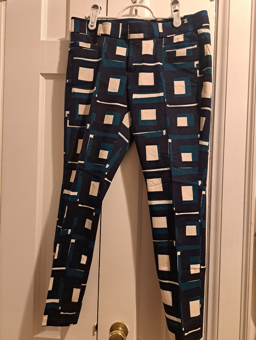 Women's Banana Repuvlic Geometric Print Slim Pants in Navy, Teal & Cream